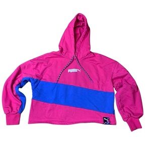 Puma International Pink & Blue Colorblock Cropped Hoodie - Size Small
